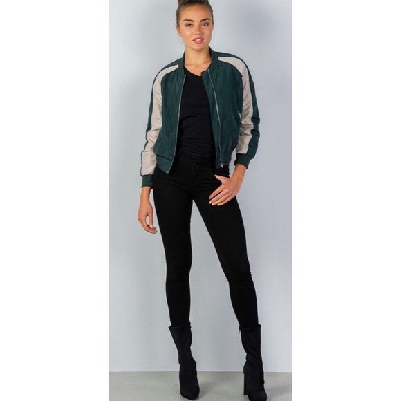Hunter Green Stripe-Sleeve Bomber - Picture 2 of 7